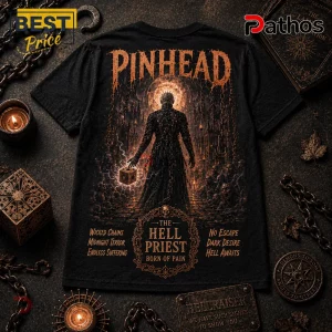 Pinhead Lament Configuration Horror Movie Black T-Shirt 2 Black t-shirt featuring Pinhead from Hellraiser with a Lament Configuration cube, copper-toned graphics, and text on cloth.!