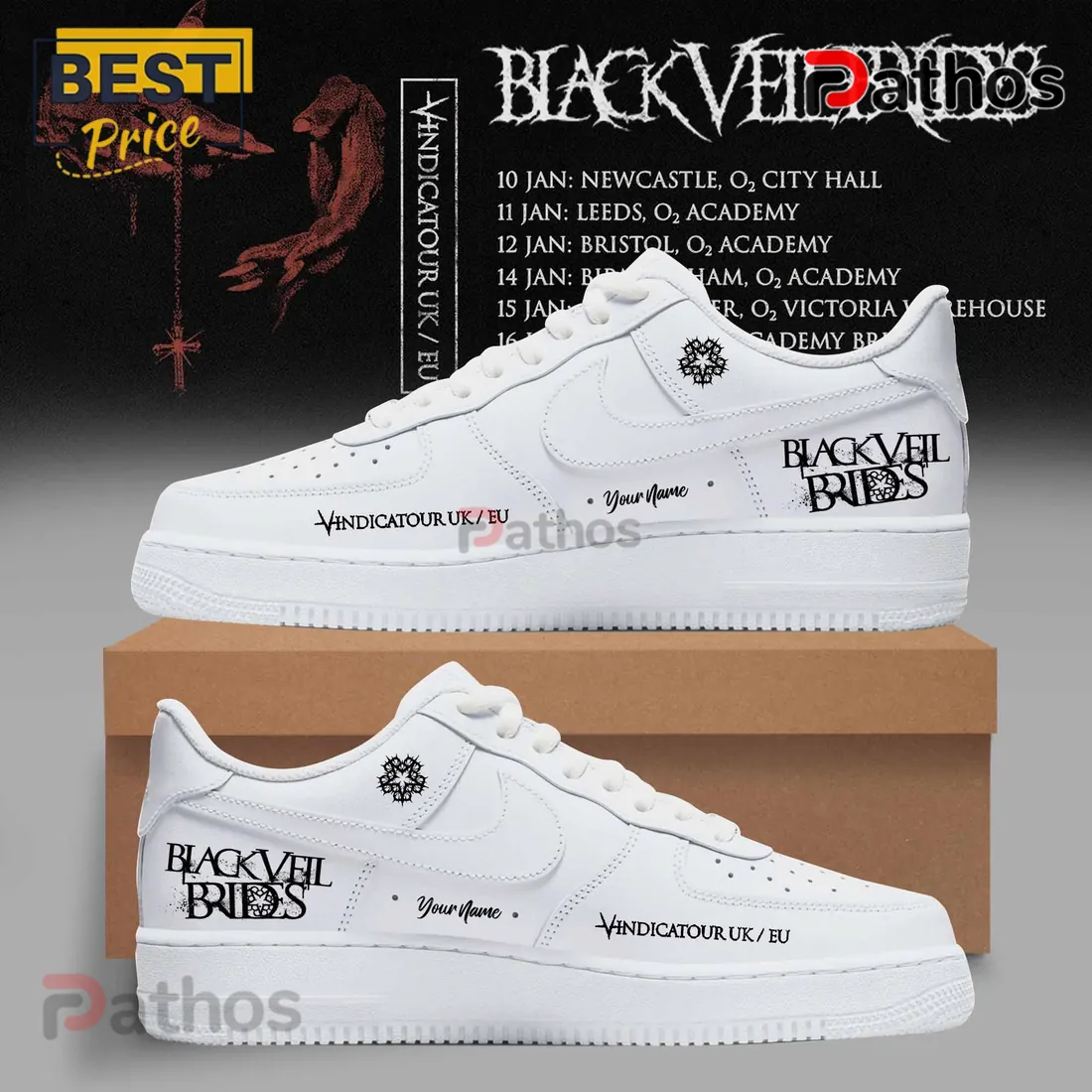 Black Veil Brides Vindicatour UK Tour 2026 White Air Force 1 Sneakers Black Veil Brides Vindicatour UK Tour 2026 White Air Force 1 Sneakers