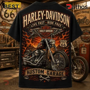 Harley-Davidson Kustom Garage Rat Fink Black T-Shirt 4 Harley-Davidson Kustom Garage Rat Fink black T-shirt featuring a motorcycle, Route 66 sign, and orange flames design.
