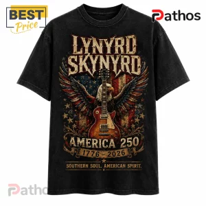 Lynyrd Skynyrd America 250 Eagle Flag T-Shirt 3 Lynyrd Skynyrd America 250 Eagle Flag T-Shirt featuring a bald eagle, electric guitar, and patriotic American flag design.