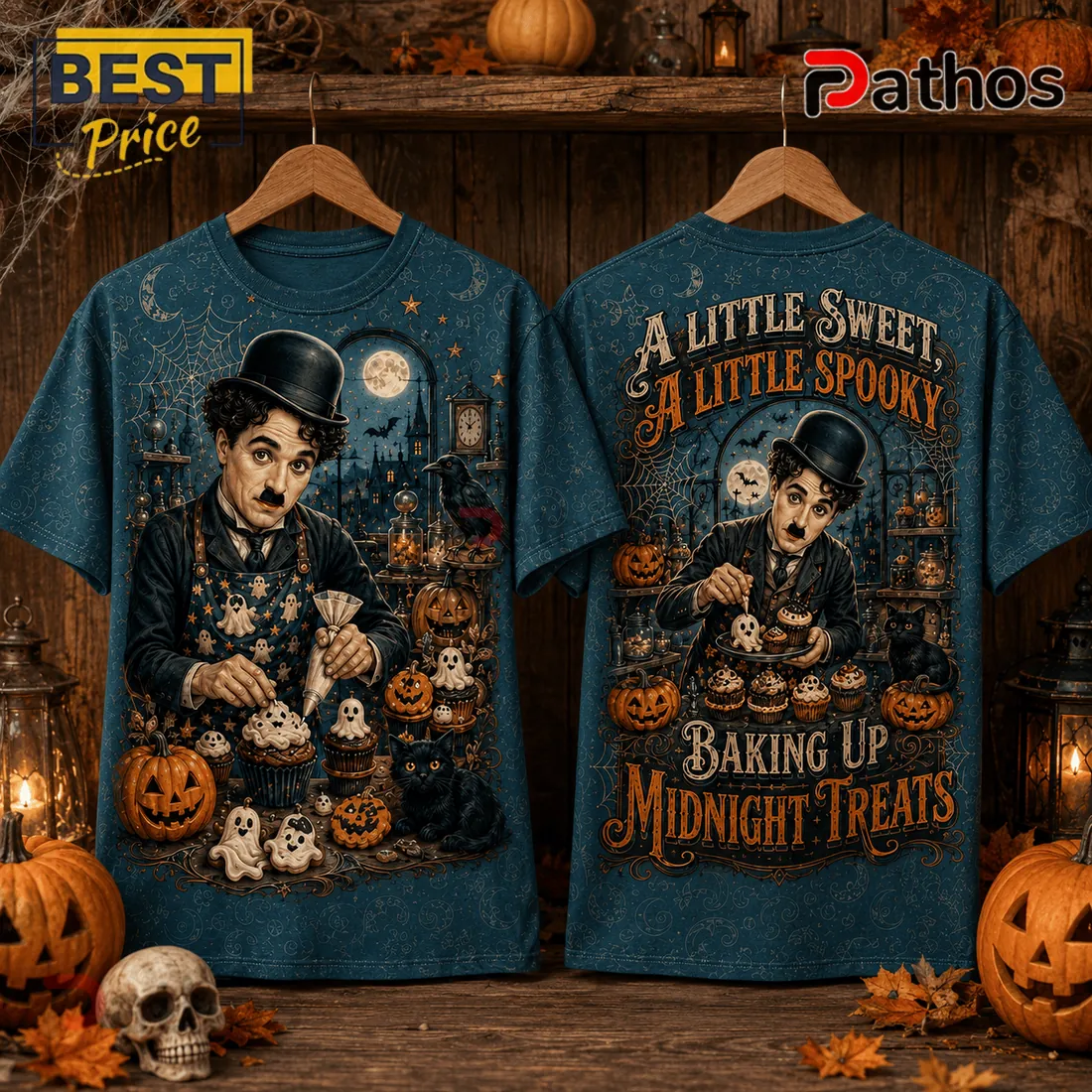 Charlie Chaplin Halloween Midnight Treats Blue T-Shirt Charlie Chaplin Halloween Midnight Treats Blue T-Shirt