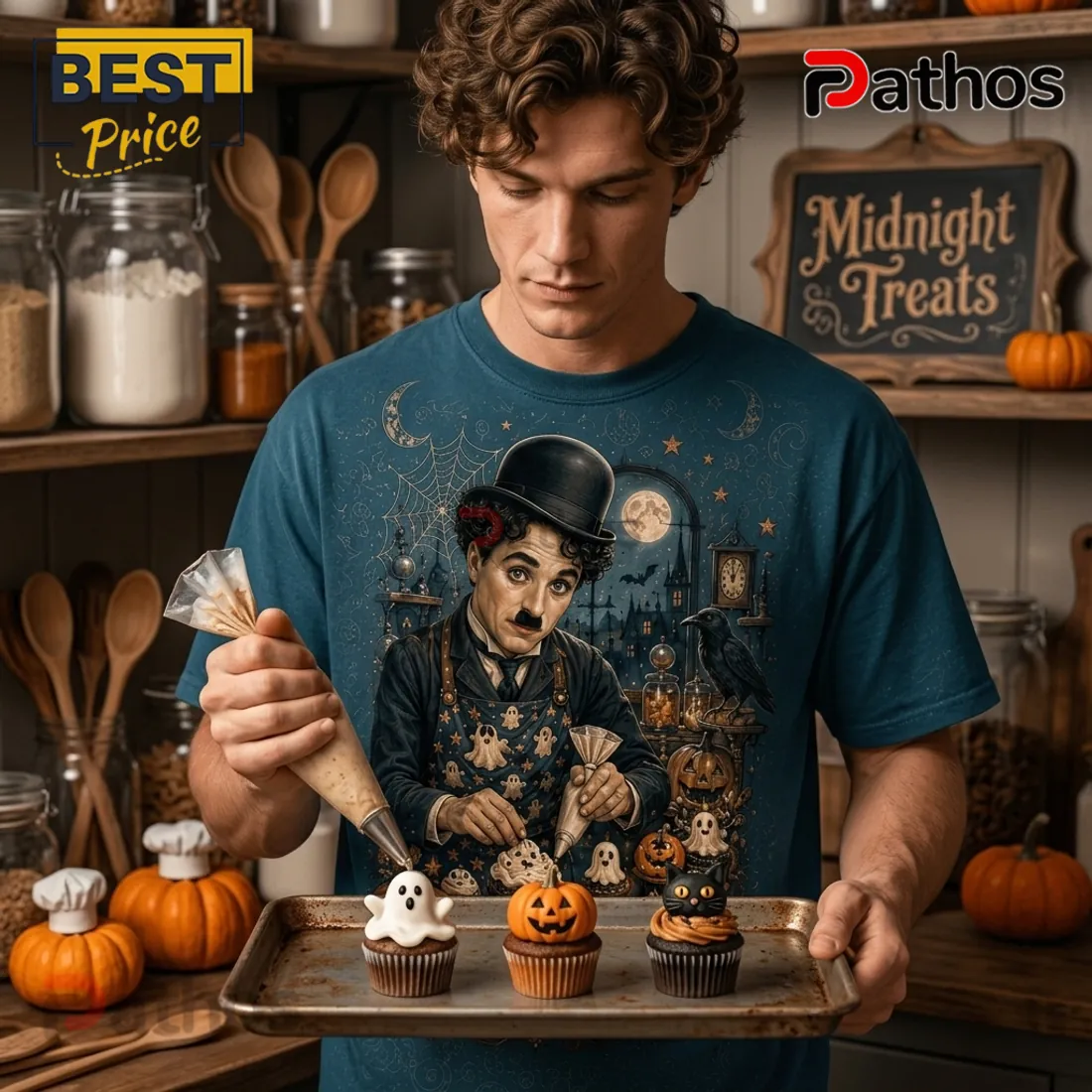 Charlie Chaplin Halloween Midnight Treats Blue T-Shirt Charlie Chaplin Halloween Midnight Treats Blue T-Shirt