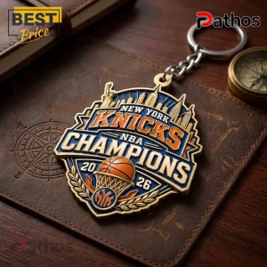 New York Knicks 2026 NBA Champions 3D metal keychain featuring a gold skyline, basketball, and blue enamel accents.