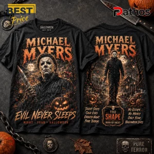 Black graphic t-shirt featuring Michael Myers with a knife, pumpkin, and horror text on a dark, weathered background.!