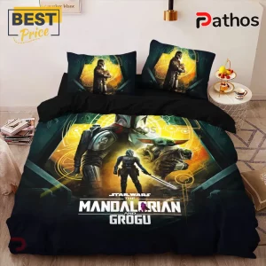 The Mandalorian and Grogu bedding set with black background, featuring character art and gold circular symbols.!