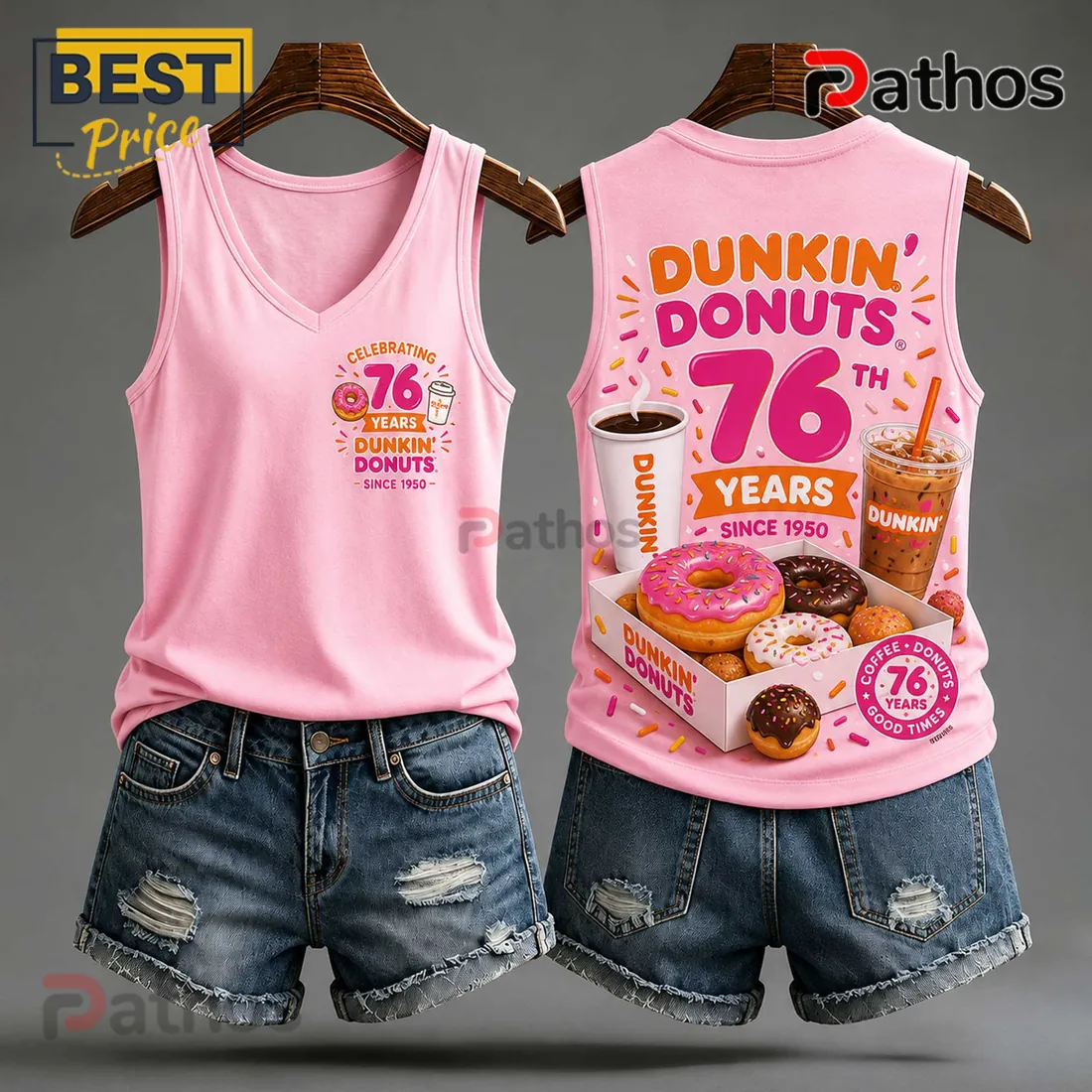 Dunkin Donuts 76th Anniversary Pink V-Neck Tank Top Dunkin Donuts 76th Anniversary Pink V-Neck Tank Top
