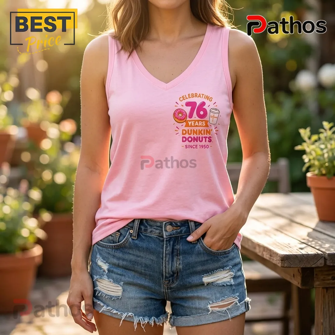 Dunkin Donuts 76th Anniversary Pink V-Neck Tank Top Dunkin Donuts 76th Anniversary Pink V-Neck Tank Top