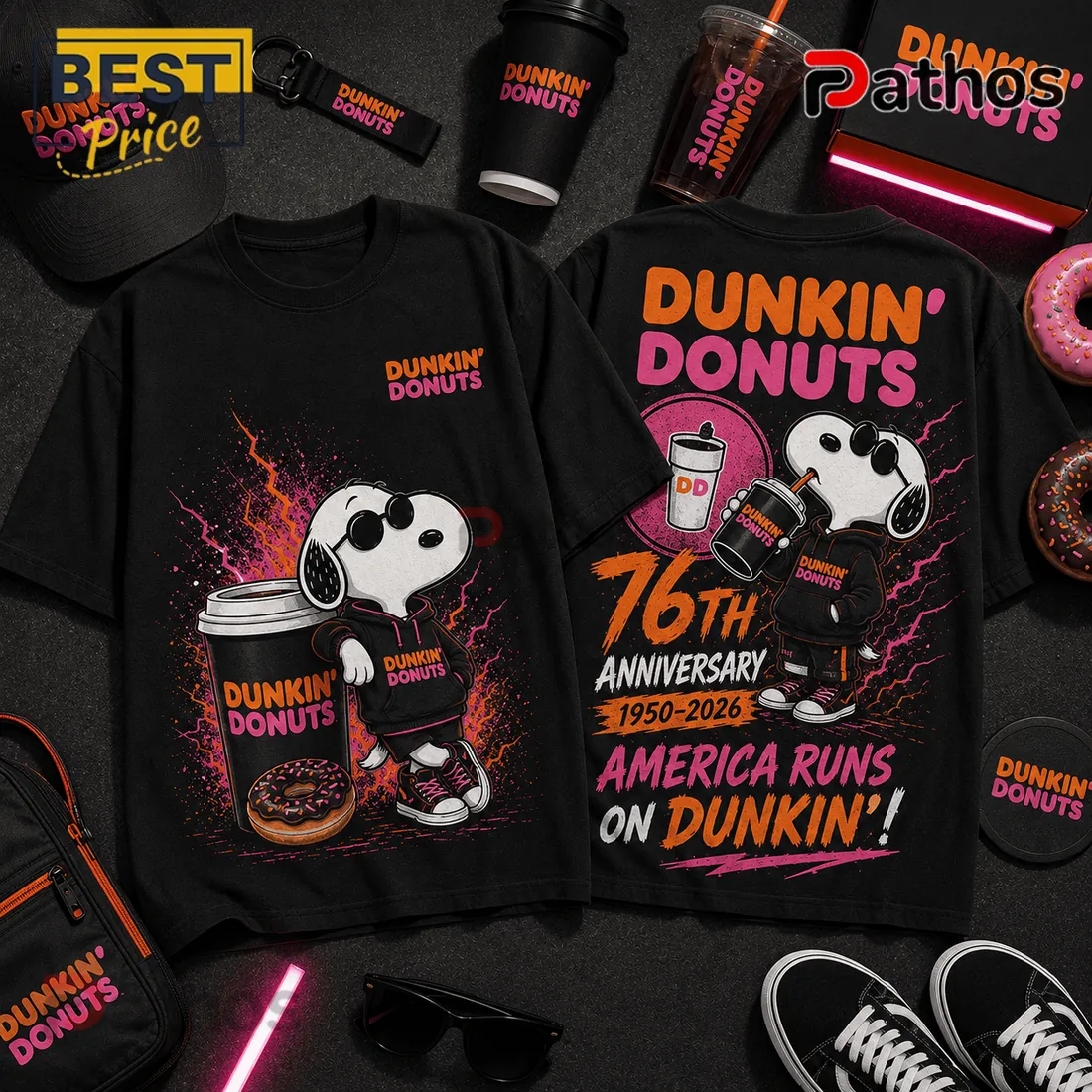 Dunkin Donuts Snoopy 76th Anniversary Black T-Shirt Dunkin Donuts Snoopy 76th Anniversary Black T-Shirt