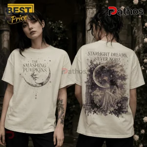 Off-white cotton t-shirt with The Smashing Pumpkins logo and celestial moon graphic on front and back.!
