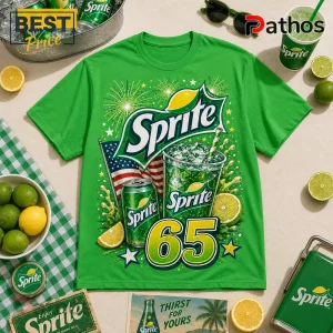 Green crewneck t-shirt featuring Sprite logo, number 65, American flag, citrus slices, and soda graphics.!