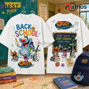 Oggy and the Cockroaches Back to School White T-Shirt 3 Oggy and the Cockroaches Back to School White T-Shirt featuring cartoon characters, school supplies, and chalkboard graphics.