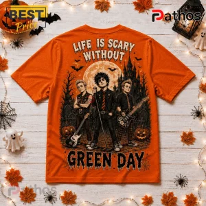 Green Day Life Is Scary Without Orange Halloween T-Shirt 2 Green Day Life Is Scary Without Orange Halloween T-Shirt featuring band members, a haunted castle, and pumpkins.