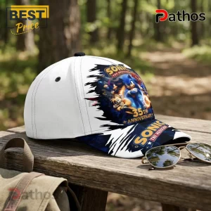 Sonic The Hedgehog 35th Anniversary White Baseball Cap 5 White baseball cap featuring Sonic the Hedgehog and Tails 35th anniversary graphic print on a rustic wooden table.!