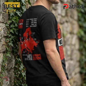 Black System of a Down Europe 2026 tour t-shirt with red map graphic, city dates, and text on back and side.!