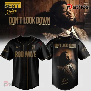Black baseball jersey with gold Rod Wave Don't Look Down tour graphics and portrait print on front and back panels.!