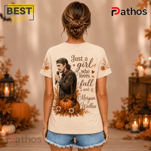 Morgan Wallen Autumn Harvest 2026 T-Shirt featuring a graphic of the singer, pumpkins, and autumn leaves on a cream shirt.
