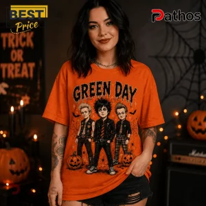 Green Day Life Is Scary Without Orange Halloween T-Shirt 3 Green Day Life Is Scary Without Orange Halloween T-Shirt featuring band members in a spooky pumpkin patch graphic.