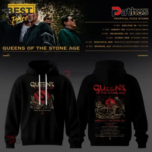 Black Queens of the Stone Age hooded sweatshirt with red desert skeleton graphic on front and Australian tour dates on back.!