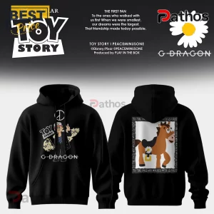 Black hoodie featuring G-Dragon character graphic on front and Bullseye from Toy Story on back with floral daisy print.!