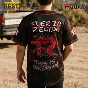 Houston Astros x Fuerza Regida Stadium Tour Black Baseball Jersey 2 Houston Astros x Fuerza Regida Stadium Tour black baseball jersey featuring red eye patterns and back text graphics.