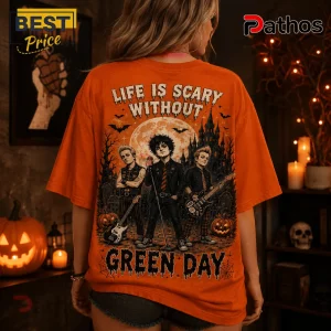 Green Day Life Is Scary Without Orange Halloween T-Shirt 4 Green Day Life Is Scary Without Orange Halloween T-Shirt featuring band members, pumpkins, and a haunted castle design.