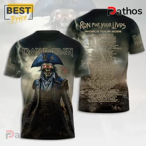 Iron Maiden Run For Your Lives 2026 tour t-shirt featuring Eddie the Head as a pirate with glowing red eyes on black fabric.!