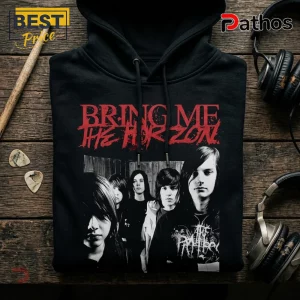 Bring Me The Horizon Post Human Nex Gen 2026 Tour Black Hoodie 1 Black cotton hoodie featuring a red Bring Me The Horizon text logo and a black and white band photograph.!