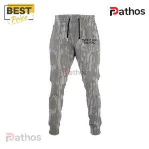Treaty Oak Revival West Texas Degenerate Tour Camo Hoodie 4 Grey and white camouflage jogger sweatpants with black drawstrings and Treaty Oak Revival text on the right thigh.!