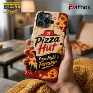 iPhone case featuring Pizza Hut logo and pepperoni pizza illustrations with Pizza Night Forever text on cream background.!