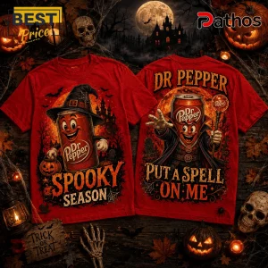 Dr Pepper Spooky Season Witch Hat Red T-Shirt featuring a soda can character in a witch hat and a vampire costume graphic.