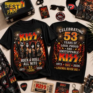 Black cotton t-shirts with front and back KISS band anniversary graphics, featuring 1973-2026 dates and fire imagery.!