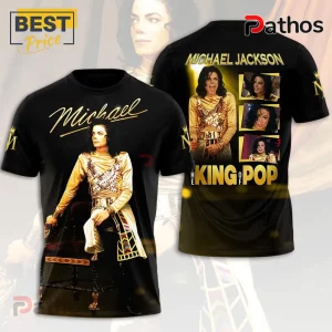 Black graphic t-shirt featuring Michael Jackson in a gold military jacket, with gold text reading King of Pop on the back.!