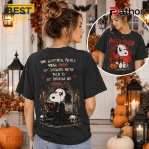 Marilyn Manson x Snoopy Gothic Halloween T-Shirt 2 Marilyn Manson x Snoopy Gothic Halloween T-Shirt with black fabric, featuring lyrics and Snoopy in goth makeup.