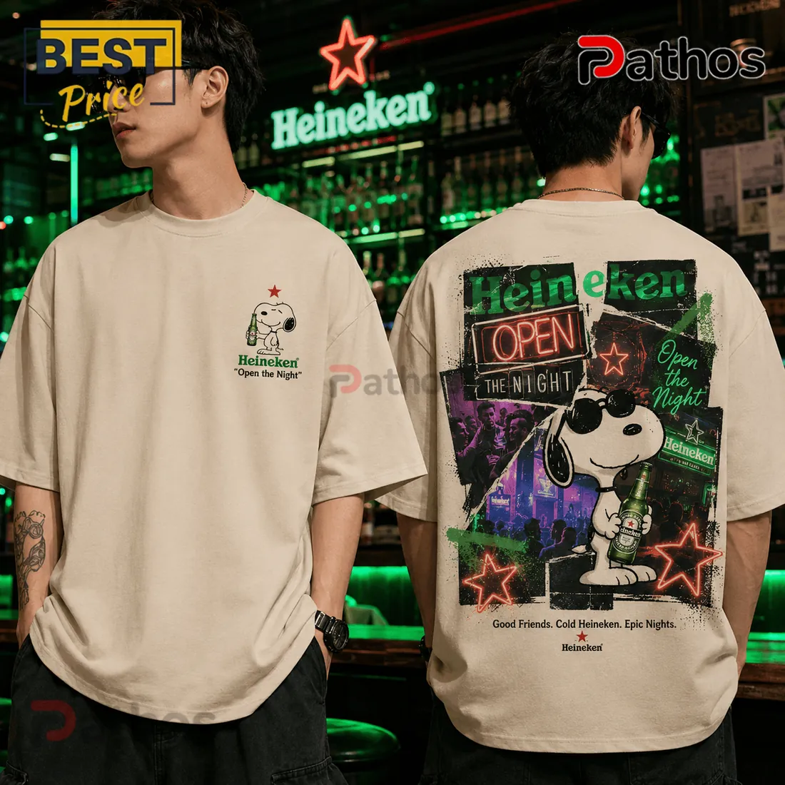 Heineken Snoopy Open The Night Beige T-Shirt Heineken Snoopy Open The Night Beige T-Shirt