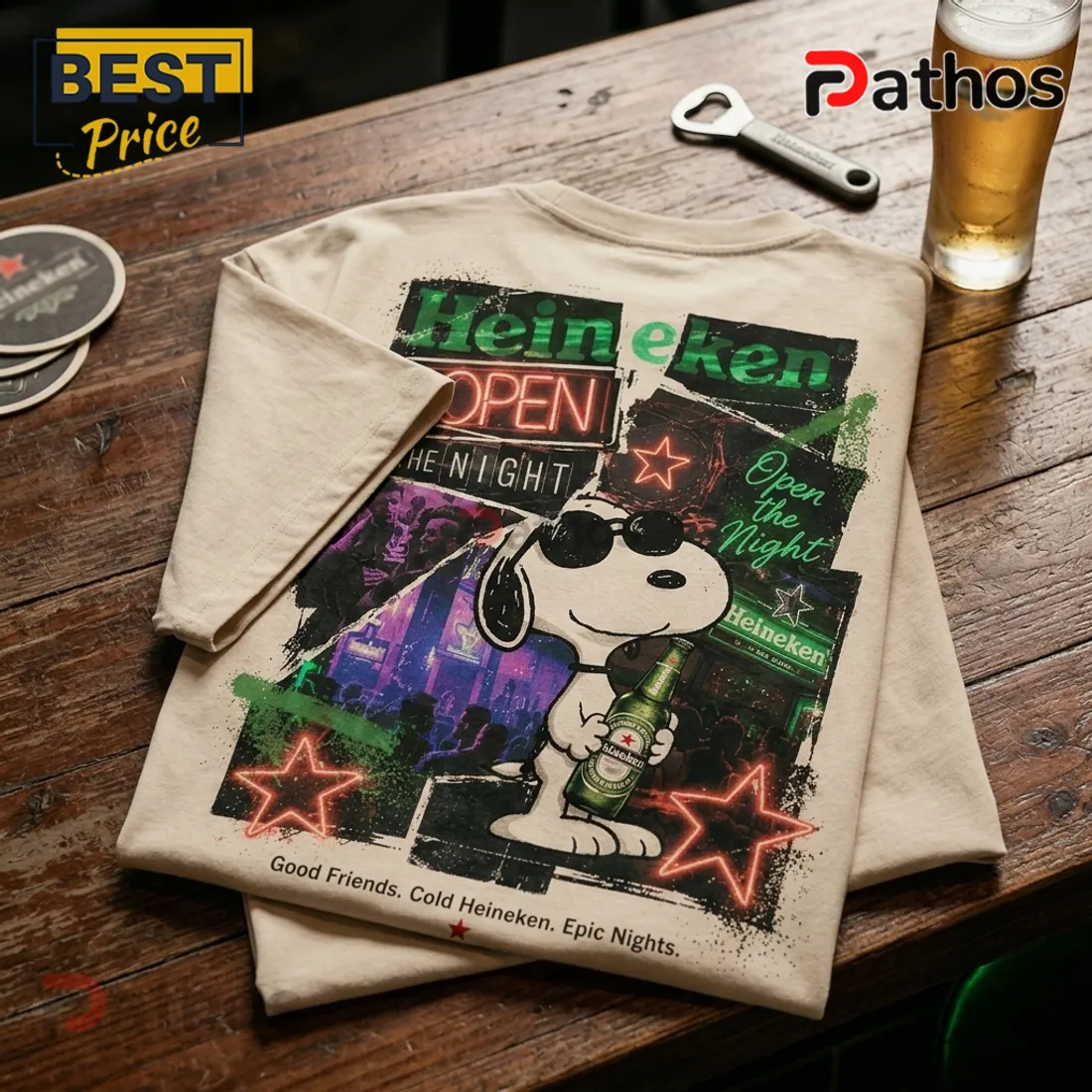 Heineken Snoopy Open The Night Beige T-Shirt Heineken Snoopy Open The Night Beige T-Shirt