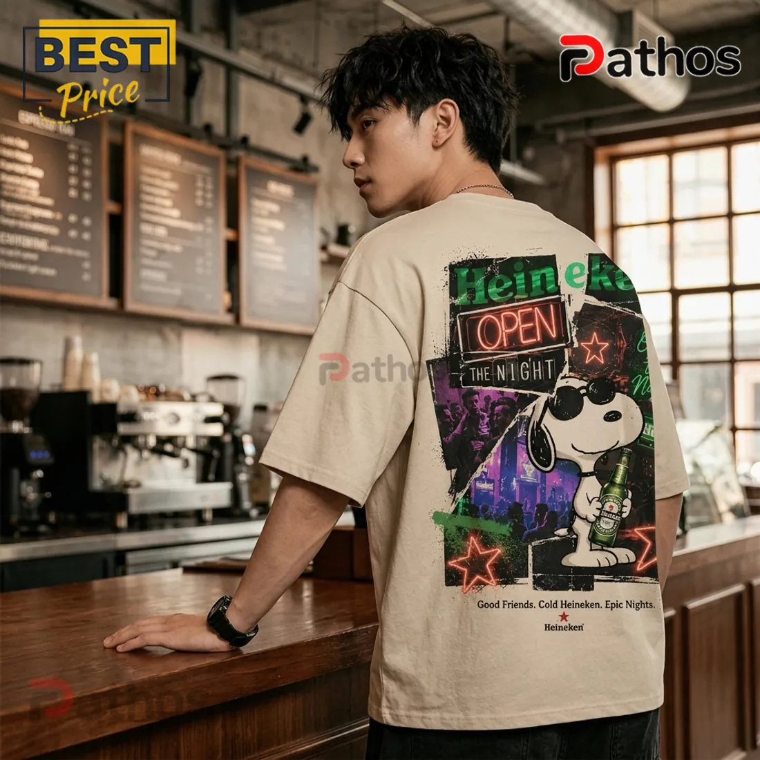Heineken Snoopy Open The Night Beige T-Shirt Heineken Snoopy Open The Night Beige T-Shirt