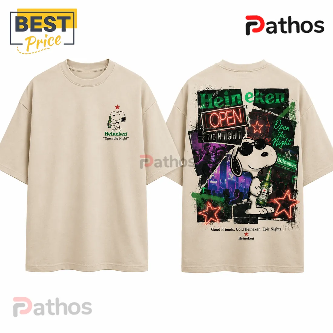 Heineken Snoopy Open The Night Beige T-Shirt Heineken Snoopy Open The Night Beige T-Shirt