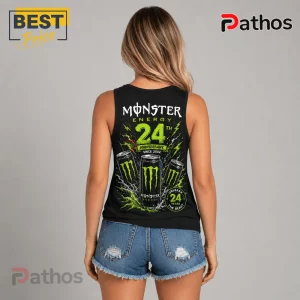 Monster Energy 24th Anniversary Black V-Neck Tank Top 3 Monster Energy 24th Anniversary black v-neck tank top with green claw logo and energy drink can graphics on the back.