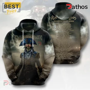 Iron Maiden World Tour 2026 Skeleton T-Shirt 4 Iron Maiden hooded sweatshirt with Eddie the Head pirate graphic, lightning, and 2026 world tour dates on the back.!