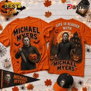 Michael Myers Halloween Orange T-Shirt 2026 featuring horror character graphics, pumpkins, and haunted house illustrations.