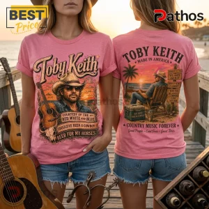 Pink cotton t-shirt featuring Toby Keith graphic prints on front and back with beach sunset and country music themes.!