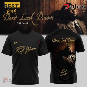 Black t-shirt featuring gold Rod Wave logo on front and Don't Look Down album art graphic on the back.!