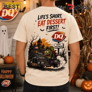 Rat Fink DQ Blizzard Halloween T-Shirt 2 Rat Fink DQ Blizzard Halloween T-Shirt features a green monster driving a hot rod toward a haunted house with DQ logo.