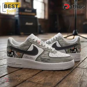 Custom low-top white sneakers featuring grey camouflage, Treaty Oak Revival text, band graphics, and Your Name placeholder.!
