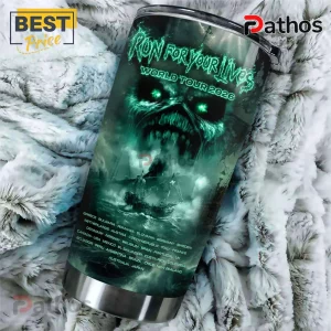 Stainless steel tumbler featuring Iron Maiden Eddie graphic with Run For Your Lives 2026 text and global tour city list.!