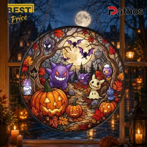 Halloween Cute Monster Stained Glass Suncatcher 2 Halloween Cute Monster Stained Glass Suncatcher features purple ghosts, jack-o'-lanterns, and bats in a moonlit forest.