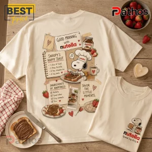 Nutella Snoopy Recipe Illustrated Cream T-Shirt 1 Cream colored cotton t-shirt featuring a Snoopy chef illustration, Nutella branding, and toast recipe graphics.!