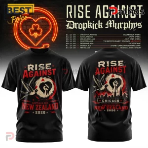 Black Rise Against and Dropkick Murphys tour t-shirt featuring a heart, fist, bird, and 2026 Australia/New Zealand dates.!