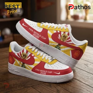 Spain National Team 2026 World Cup AF1 sneakers featuring red, yellow, and white panels with the official tournament trophy.