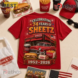 Sheetz 74th Anniversary 1952-2026 Red T-Shirt 2 Red cotton t-shirt featuring Sheetz 74th anniversary graphics, a vintage car, food items, and the text 1952-2026.!